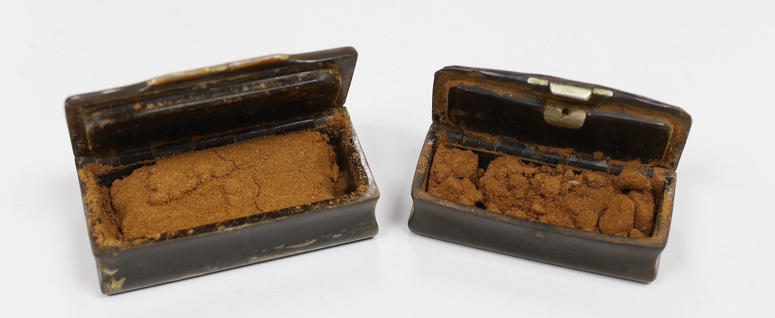 Two 19th century tortoiseshell and horn snuff boxes and three decorative gilt metal monocles